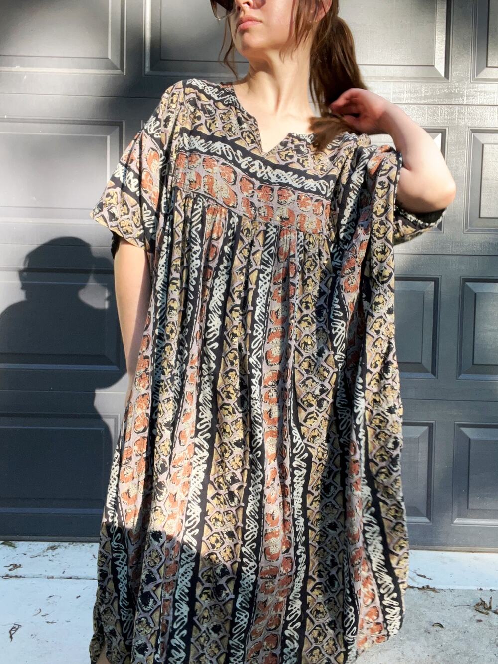 Vintage 90s Sita Cotton Black Gold Geometric Kaftan Dress, One Size